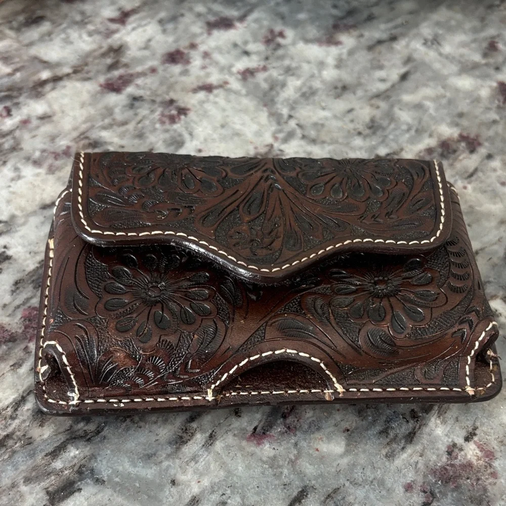Hand-Tooled Floral Leather belt cell/beeper holder - Dark Brown
